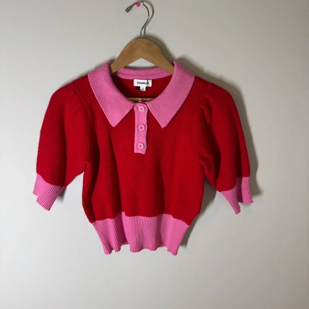 NWT Sugarlips Red and Pink Collared Sweater S - Picture 2 of 6
